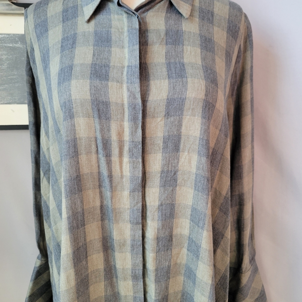 Hana San Oviv Khaki Check Button Up Shirt 38 6/8 M - Picture 9 of 14